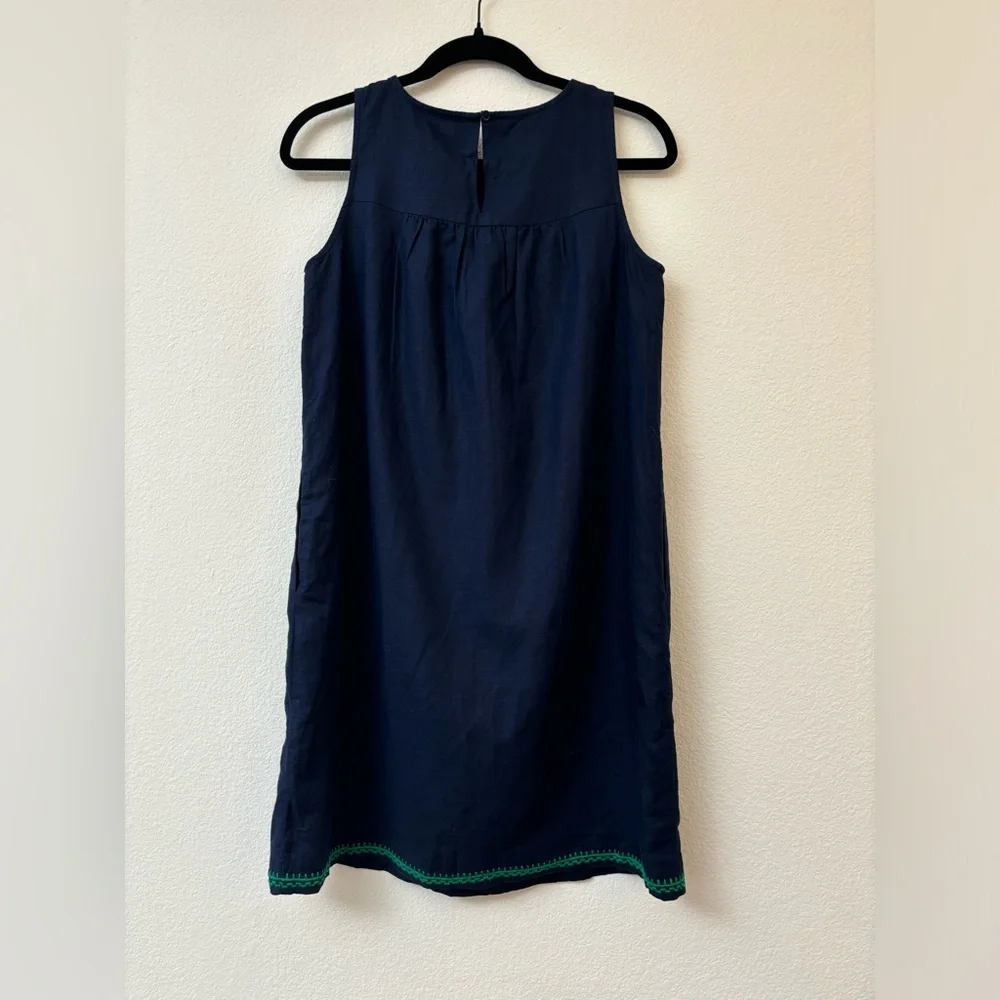 J Crew linen embroidered shift‎ dress, navy and green, with pockets XS, bohemian